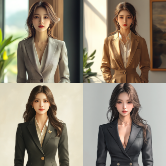 一位现代时尚中国女性，穿着职业小西装短裙，自信美丽，高质量，多细节。