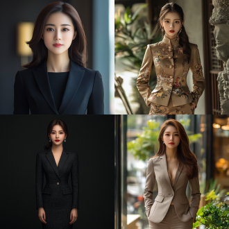 一位现代时尚的中国女性，身穿职业小西装短裙，自信且美丽，高质量，多细节。