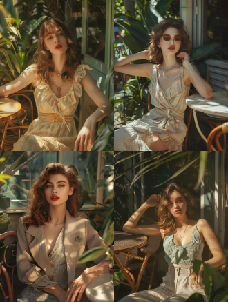 一个时尚的户外模特，展示她修剪漂亮的指甲。模特坐在咖啡馆的桌子旁，姿势放松，穿着时髦的衣服。背景以绿色植物和阳光为特色，营造出一种愉快而迷人的氛围。