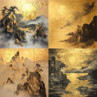 金箔岩彩中国风绘画，大面积贴金留白，长烟皓月渔歌景，工笔笔触，金色系，暖光，超现实，完美构图，禅意古韵。