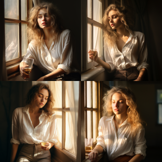 穿亚麻衬衫女生窗边托腮举杯，三分法构图，室内，暖光，长焦镜头，光斑，柔和色彩，惬意神情，文艺风。