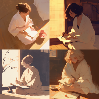 女士坐地板做笔记，对角线构图，温馨风插画，棕色灰色背景，暖色调，特写镜头，侧光，安静专注，白毛巾浴袍，樱桃碗。