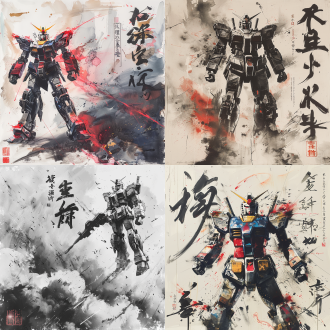 高达腾空跃起，白色背景，背景充斥着书法兰亭序，超广角，水墨风格，黑白为主色调，充斥着其他颜色超高清，8k