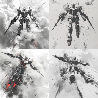 高达腾空跃起，白色背景，超广角，水墨风格，黑白为主色调，充斥着其他颜色超高清，8k