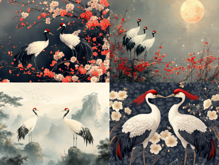 黑底白花纹帆布、花瓣明暗渐变、中式文字，红顶鹤前景，灰蓝天背景，金比布局，8k，哑光背景，单色调配琥珀眼，传统与现代融合