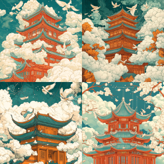 masterpiece, best quality, 4k, highly detailed, in style of audrey kawasaki, artistic, ((line art)), simple lines, pattern, floral print, chinese art illustration, clouds, birds, chinese building, no humans, dynamic composition with central symmetry, teal-orange-white palette, depth created through atmospheric perspective and transparency layers, trending on artstation