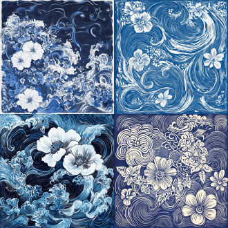 woodcut prints, center of image, waves, sketches, arts and crafts, many flowers, monochrome, white and blue, detailed texture, blue background, flat, complex details