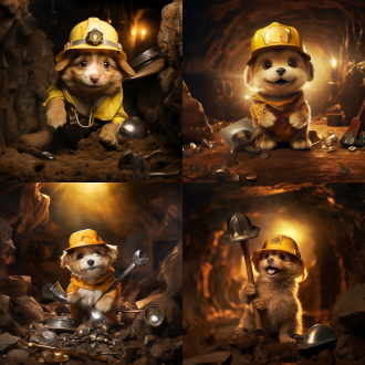布丁狗穿矿工服戴工帽拿工具矿洞挖金，三分法构图，洞穴暖黄调，长焦顶光，挖掘动作，可爱风，兴奋。