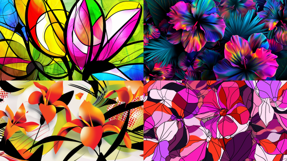 抽象花卉几何，立体主义重叠半透明花瓣，动态负空间，霓虹春调色，粗黑轮廓，等轴视角，数字纸质感，高对比度光，强对比色。