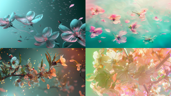 空中动态花卉爆炸，超写实樱花带发光花蕊，花粉旋动，翡翠绿到桃色渐变背景，宏拍，动感模糊，全息金属点缀，侧逆光，梦幻。