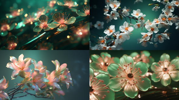 空中动态花卉爆发，超写实樱花带发光花蕊、旋转花粉，翡翠绿到桃色渐变背景，宏拍，动感模糊，全息金属点缀，侧逆光，梦幻。