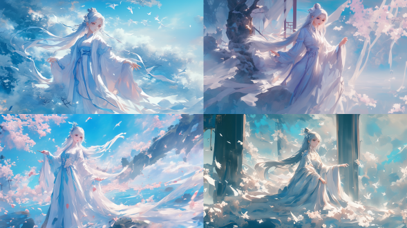 超清渲染动漫中国少女，银色长发汉服裙，温柔自信，全身远景，自然色，古装风，柔和光，唯美氛围，高清细腻。