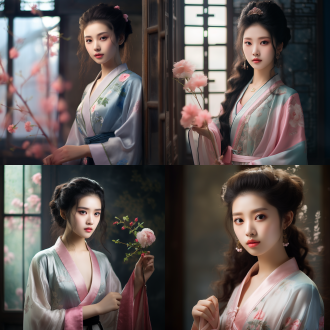 漂亮宋朝女孩，小眼睛精致脸蛋，三分构图，古风室内，长焦镜头，侧逆光，安静站立，古典服饰，粉蓝主调，温婉。