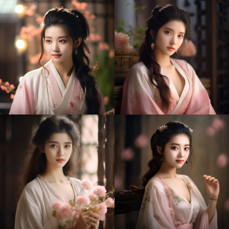 宋朝漂亮女孩，小眼睛精致脸蛋情窦初开，三分构图，古风室内，长焦镜头，暖光，浅笑，粉色服饰，柔和色彩，娇羞。