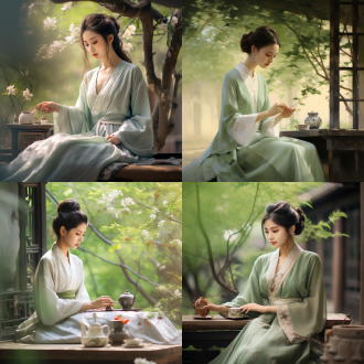 宋朝女孩花园品茶吟诗作画，三分构图，古风，园林，长焦，暖光，静姿，典雅服饰，浅笑，粉绿主调，闲适。