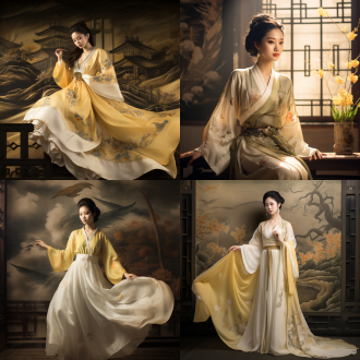 宋代女子着一年景纹样衫配珍珠流苏，褙子旋裙，三白妆，行走姿态，室内古风场景，长焦镜头，侧逆光，暖黄调，优雅精巧。