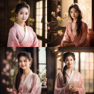 宋朝漂亮女孩，小眼睛精致脸，粉色服饰浅笑娇羞，古风室内，三分构图，长焦镜头，暖光，柔和色彩。