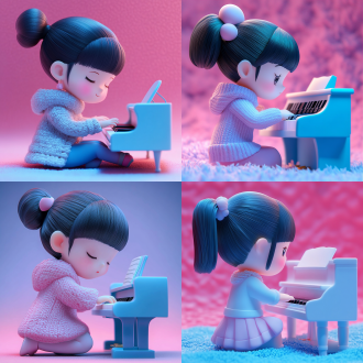 可爱中国女童弹奏小钢琴，背面全身特写，3d卡通风，粗纱质感，蓝粉色单背景，暖光，正面视角，温馨。