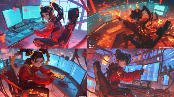 中国神话人物哪吒（出自电影《哪吒之魔童降世》）在电脑上工作，现代风格： - 外貌：黑眼圈、尖刺刘海、系着红丝带的双髻、带有盔甲细节的红色夹克、宽松的黑色裤子、带有火焰的悬浮靴。 - 场景：赛博朋克风格的办公桌，曲面显示器显示代码，键盘带有火焰效果，莲花灯漂浮，红天绫围巾搭在椅子上。 - 颜色：红色、黑色、金色、霓虹蓝色高光。动态照明，电影构图。 - 情绪：叛逆但专注，融合了传统和未来元素。 动画艺术