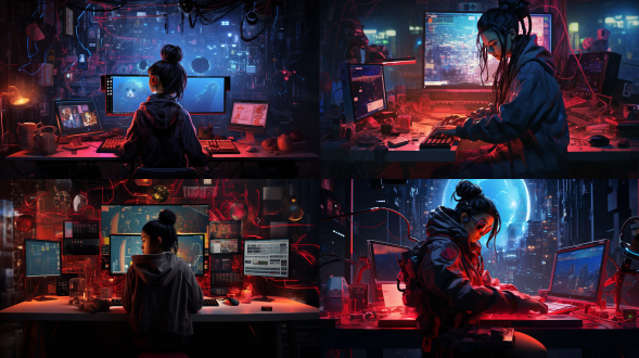 哪吒电脑前工作，电影构图，赛博朋克桌，红黑金霓虹蓝，动态照明，叛逆专注，传统与未来元素融合，黑眼圈双丸子头，悬浮靴。