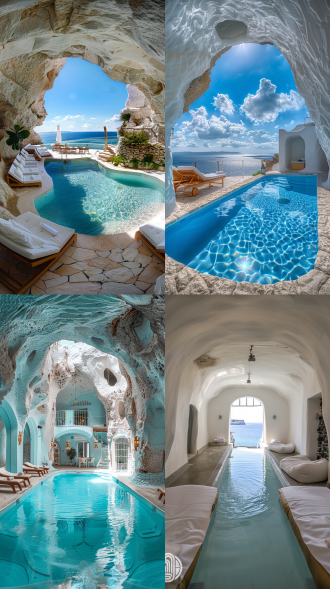 ins风洞穴民宿泳池，对称构图，地中海海景，蓝白配色，鱼眼镜头，顶光，躺椅，悠闲，清新明快。 摄影纪实