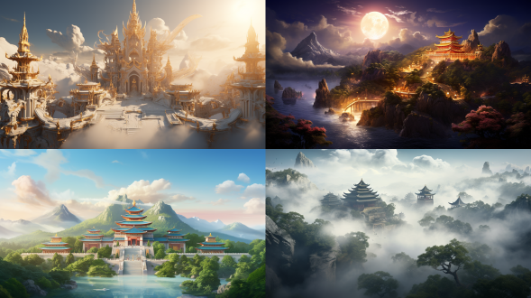 中式神话风，全景，金黄璀璨，平拍，宏伟壮观的天庭建筑群，众神云集，庄严肃穆，神圣威严，逼真写实，建筑雕刻精美，超高清细腻，云雾缭绕的仙境