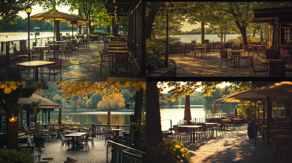 湖心岛露天咖啡吧，三分法构图，复古摄影风，湖景环绕，暖黄主调，长焦镜头，顶光，休闲氛围。