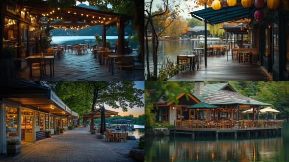 湖心岛露天咖啡吧与长廊，三分法构图，清新色调，户外环境，长焦镜头，顶光，静谧氛围，摄影风格。