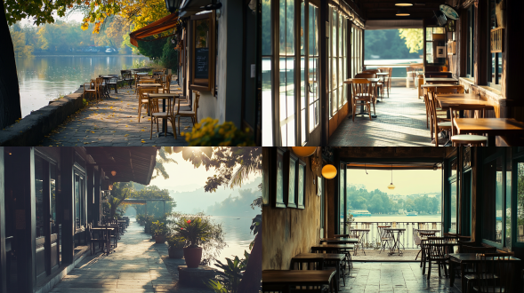 湖心岛，长廊，露天，咖啡吧，摄影风格