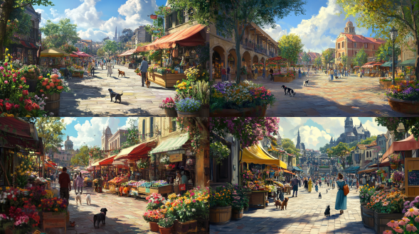 开阔，空地广场，远景活动摊贩，花卉，狗，猫，路人，逛街，热闹，活泼