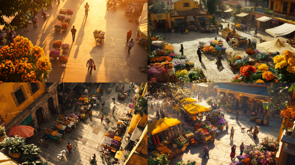 开阔空地广场远景，摊贩花卉猫狗路人逛街，三分法构图，暖黄调，全景镜头，顶光，动态，热闹活泼氛围。