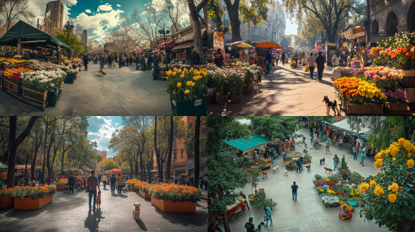 开阔，空地广场，远景活动摊贩，花卉，狗，猫，路人，逛街，热闹，活泼，摄影风格