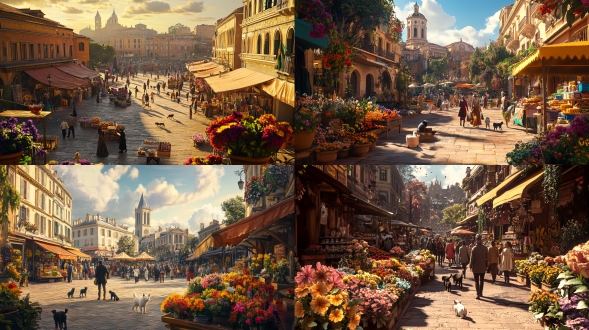 开阔方形广场远景，活动摊贩、花卉、猫狗与路人逛街，热闹活泼，全景构图，暖光，高饱和度，广角镜头，动态捕捉。