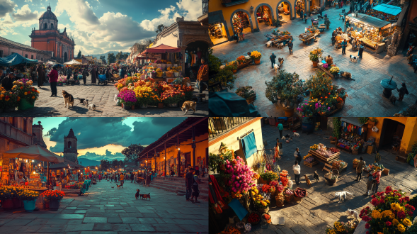 开阔方形广场远景，活动摊贩、花卉、猫狗与路人逛街，全景构图，暖光，高饱和度，广角镜头，动态捕捉，热闹活泼。