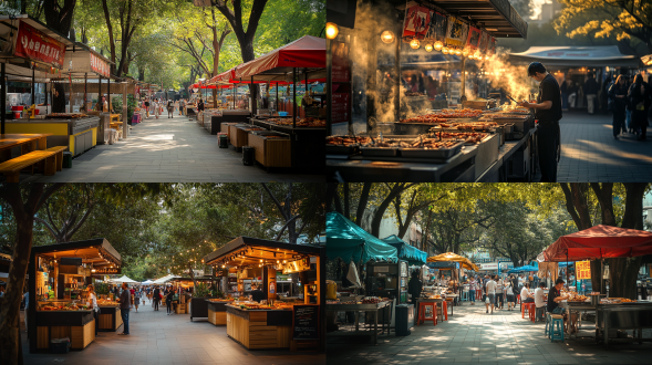 方形广场，整齐的临时摊贩，美食，烧烤，摄影风格