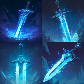 游戏图标，一把单手剑，剑身刻满符文，发着寒光，冰蓝色，绘本画风，背景干净，突出主体