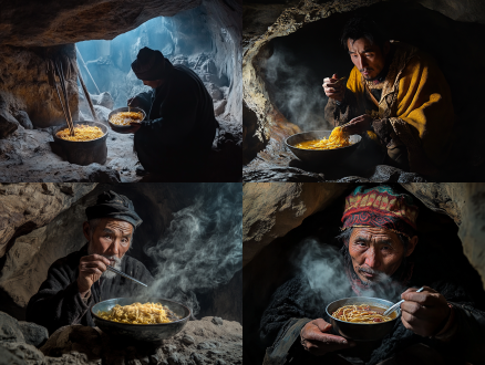 一个中国人在窑洞，吃着一碗油泼面，写实摄影