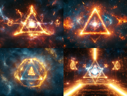 glowing tetrahedron floating in cosmic void, three beams of light (red/blue/gold) radiating from a central white point, geometric symbols (flame/book/lightning) rotating at sphere's edge, sacred geometry with holographic textures, vibrant neon glow against deep space, cinematic volumetric lighting, ultra-detailed sci-fi mysticism 关键元素：发光四面体、三色光束、旋转符号