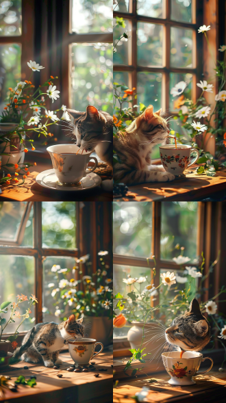 封面摄影，一只猫，在舔杯中的咖啡