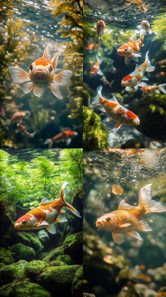 封面摄影，水下拍摄，锦鲤鱼在水下溪流穿梭，溪水清澈见底，周围有长满青苔的岩石水草，中心构图，微距镜头，顶光，慢快门，游动，