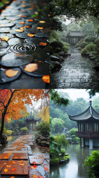 封面摄影，中式园林，雨滴在瓦片、树叶、溪面跳跃，交织成一首清脆的自然乐章
