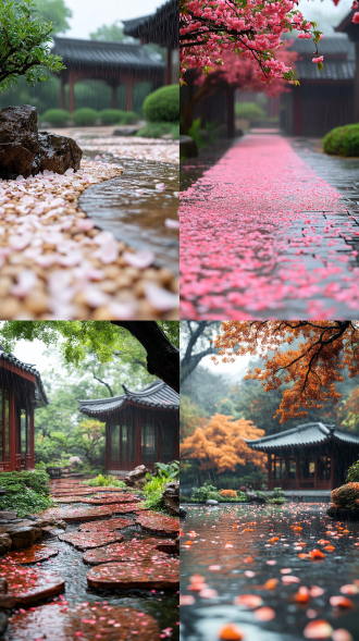 封面摄影，雨天，中式庭院，雨水在瓦片下流下，奇异的假山，庭院中古老的桃树，地上飘落桃花花瓣，交织成一首清脆的自然乐章，大师摄影，