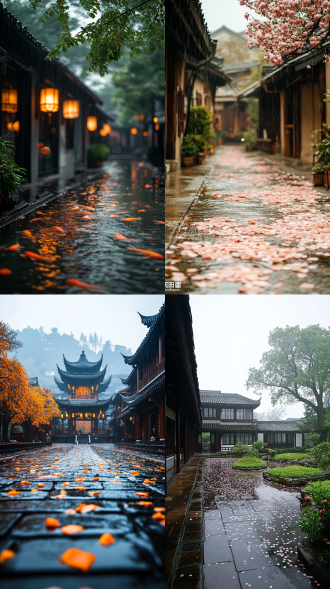 封面摄影，雨天，中式建筑，雨水在瓦片下流下，奇异的假山和桃树，庭院观赏鱼塘，水上飘落桃花花瓣，锦鲤鱼在水中游动