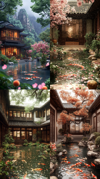 雨天，中式建筑，庭院观赏鱼塘，雨水在瓦片下流下，奇异的假山和桃树，水上飘落桃花花瓣，锦鲤鱼在水中游动