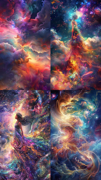 agile, ethereal, dreamlike, with colors interwoven, in the style of oil painting, set against a cosmic surreal background, rich in detail, vibrant colors, ultra-high-definition resolution, 16k.