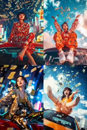 中国女孩坐在车顶，夸张表情，时尚服饰，天上降下钞票，鲜艳色彩，超现实风格，广角镜头，正面光，动态姿势，幽默感，对角线构图，高饱和度，快速快门，跳跃，兴奋。9：16