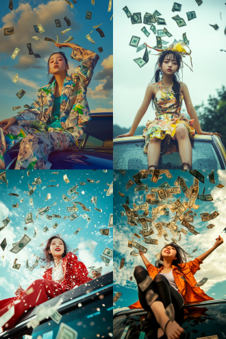 中国女孩坐在车顶，夸张表情，时尚服饰，天上降下钞票，鲜艳色彩，超现实风格，广角镜头，正面光，动态姿势，幽默感，对角线构图，高饱和度，快速快门，兴奋。9：16