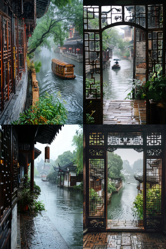 镜头在室内，画面为从古雅阁楼的雕花窗户向外望去，江南古镇正沉浸在如烟细雨中。下方蜿蜒的河道水波轻漾，一旁的青灰砖路湿漉漉的，泛着温润光泽。砖路两侧，葱郁绿植在雨中舒展，生机盎然。河边，古老的中式建筑静静伫立，青砖黑瓦在雨幕里愈发深沉，红色房梁鲜艳夺目，窗户上雕龙画凤的精美图案，似在诉说着往昔故事。澄澈河面上，一叶小舟缓缓划过，舟上撑伞之人仿佛是从水墨画中走出，为这静谧景致添了几分灵动。