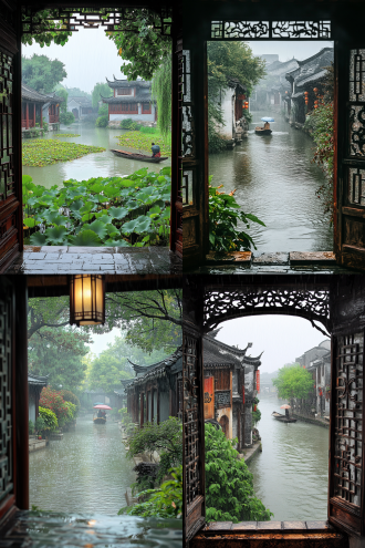 镜头在室内，画面为从古雅阁楼的雕花窗户向外望去，江南古镇正沉浸在如烟细雨中。下方蜿蜒的河道水波轻漾，一旁的青灰砖路湿漉漉的，泛着温润光泽。砖路两侧，葱郁绿植在雨中舒展，生机盎然。河边，古老的中式建筑静静伫立，青砖黑瓦在雨幕里愈发深沉，红色房梁鲜艳夺目，窗户上雕龙画凤的精美图案，似在诉说着往昔故事。澄澈河面上，一叶小舟缓缓划过，舟上撑伞之人仿佛是从水墨画中走出，为这静谧景致添了几分灵动。