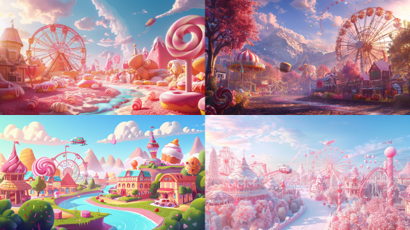 distant perspective, head-up perspective illustration. a dreamy and beautiful panoramic view of candy land, full of cute style, most of the colors are light pink. the ferris wheel, roller coaster, carousel, flying car and other facilities throughout the park are composed of various candies, including giant lollipops, donuts, candy houses and marshmallow trees, and the ground is paved with colorful candy bricks. the soft sunlight shines on the paradise, showing warm light and creating a dreamlike atmosphere. the material is fine and shiny. a river of sweets flows through it. 8k, the highest quality, low saturation color, low contrast picture.